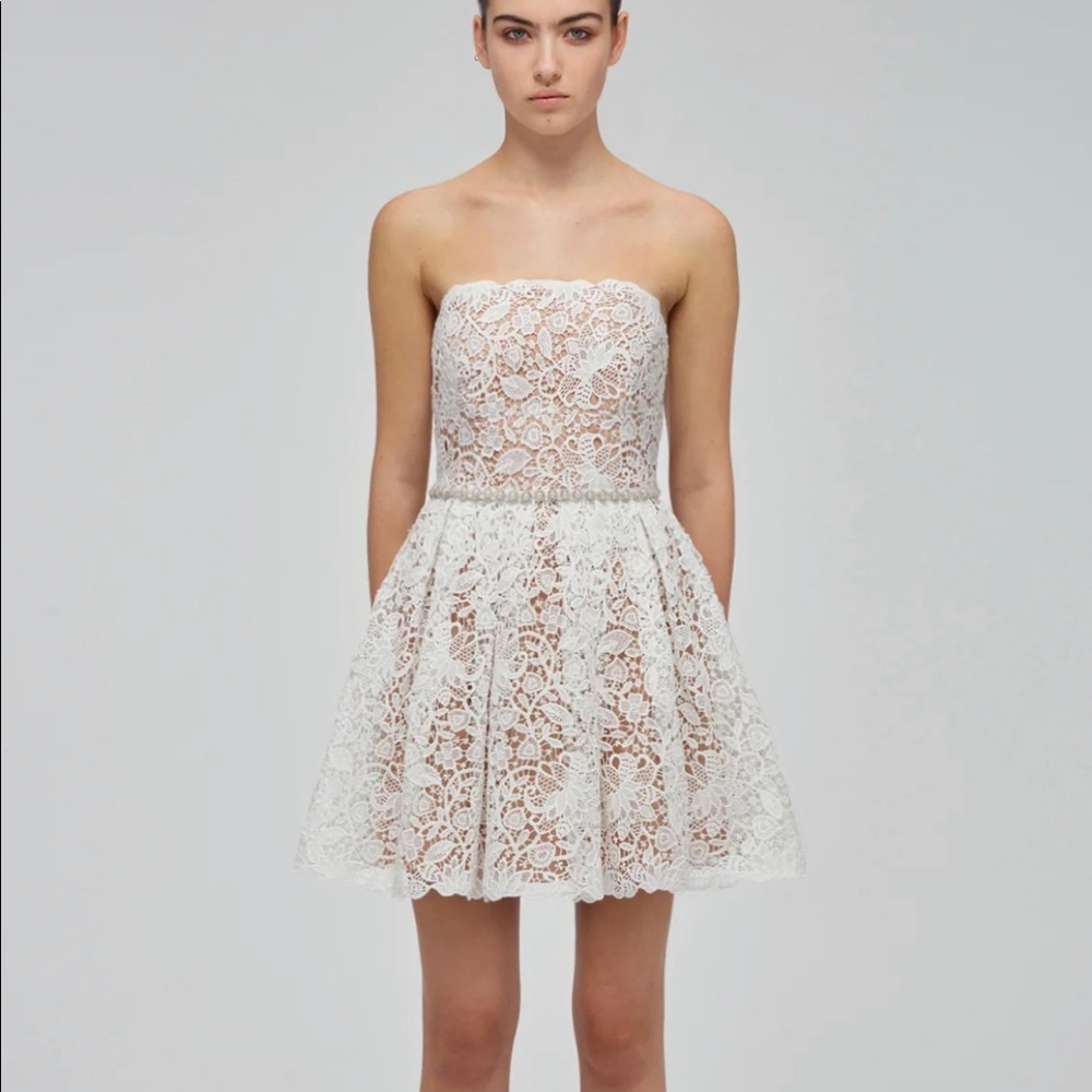 Self Portrait White Floral Guipure Strapless Mini Dress